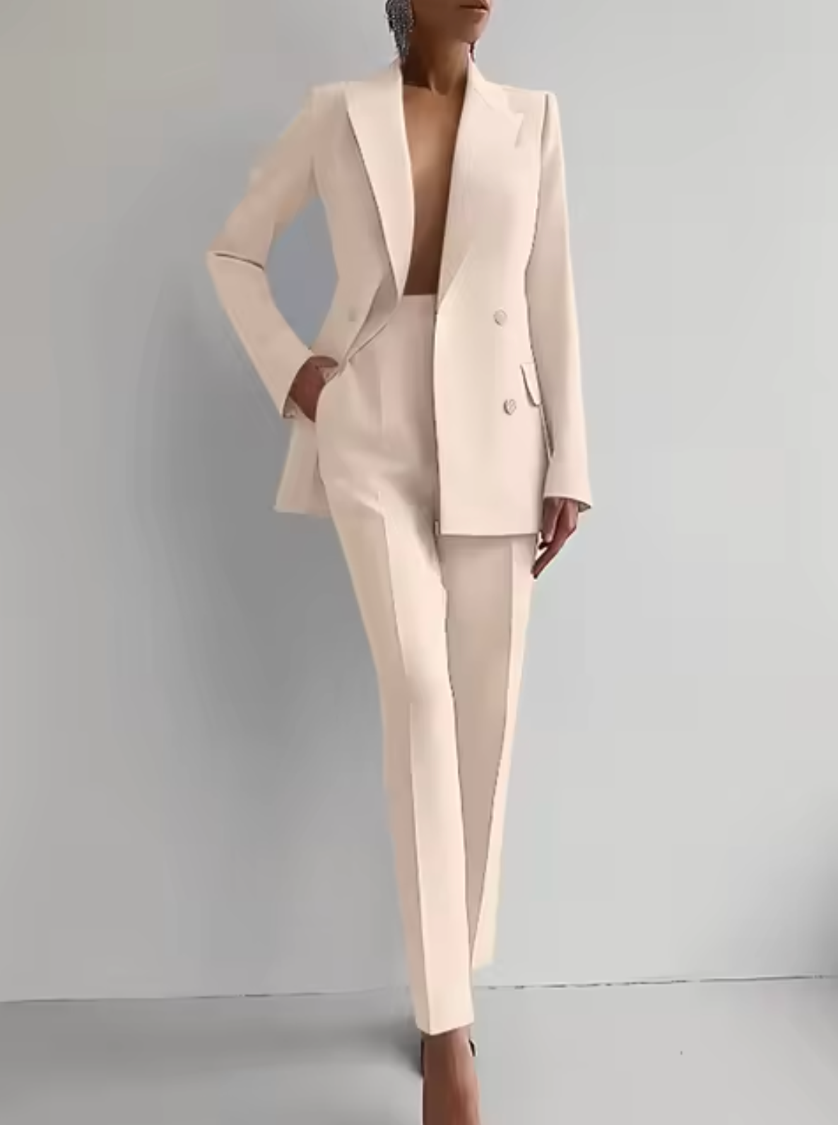 Women's tailored double-breasted blazer high-waisted trousers suit professional wool-viscose 2-piece set