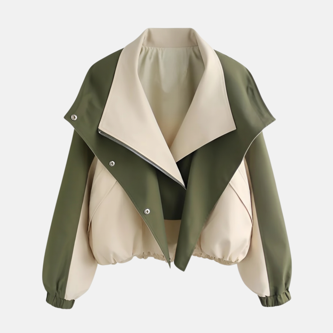 Women's oversized two-tone short blouson jacket with snap closure in casual street style