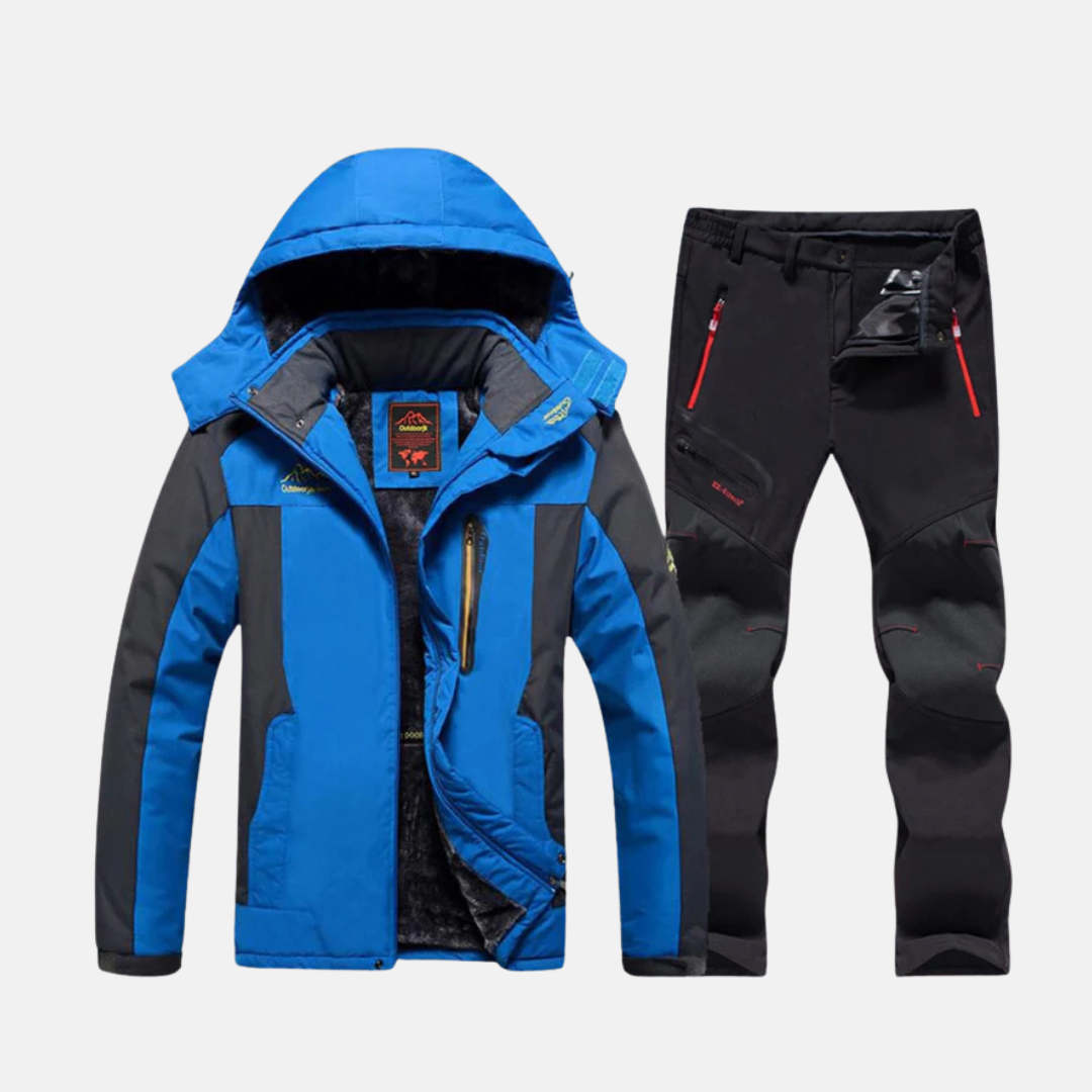 Men's two-piece outdoor jacket set with woven shell, fleece lining, contrast paneling regular fit