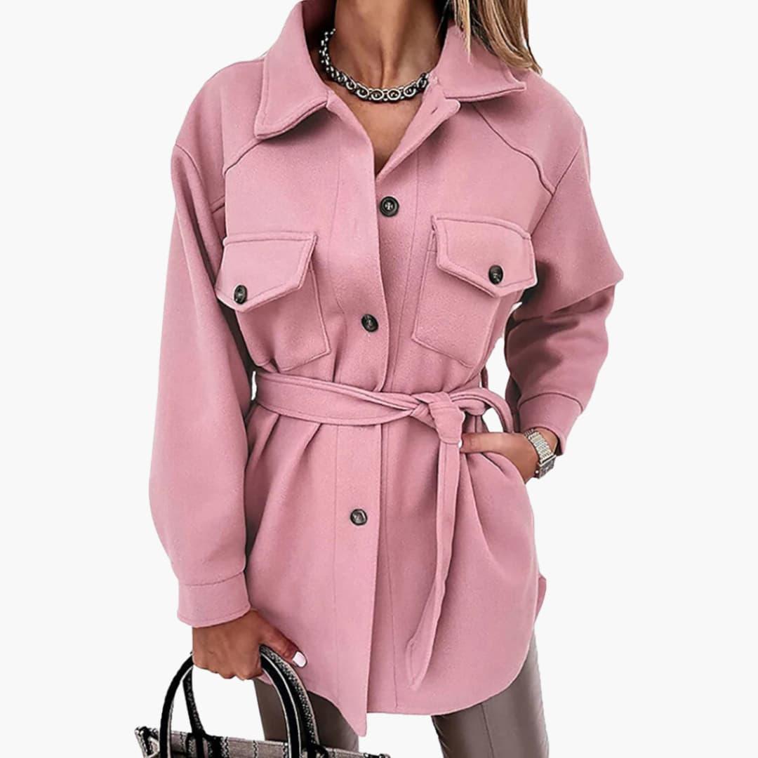 Women's long tailored coat button-front jacket with chest pockets structured collar workwear