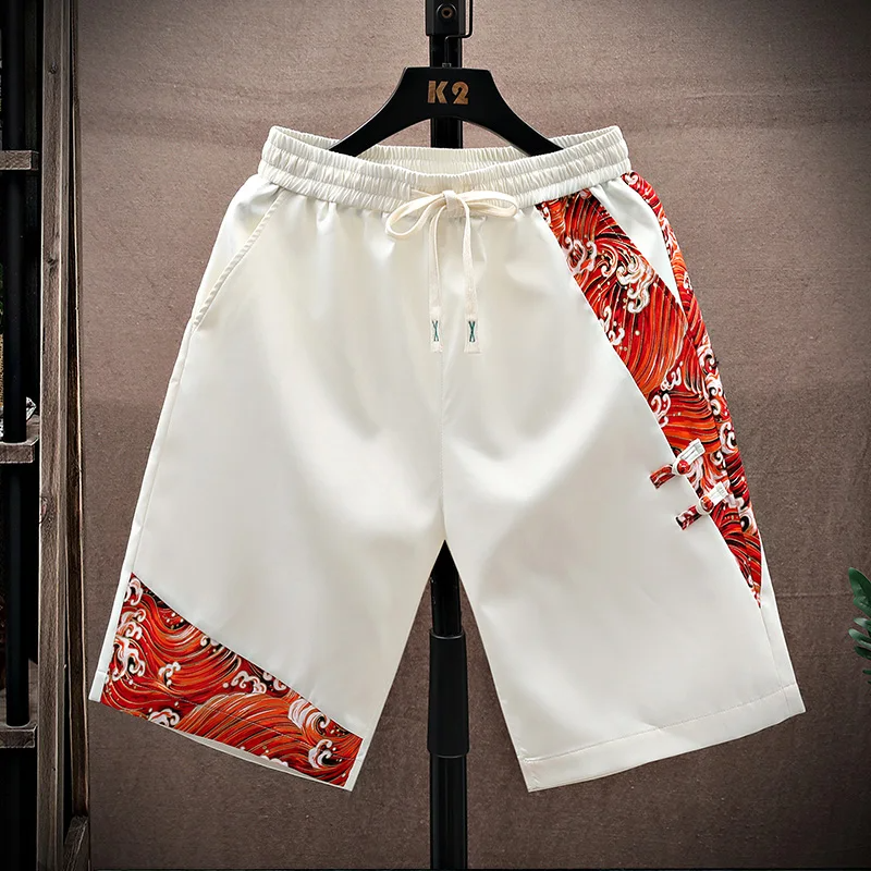 Men's ocean wave print swim shorts, lightweight quick-dry elastic waistband, Japanese-inspired beach-to-street style