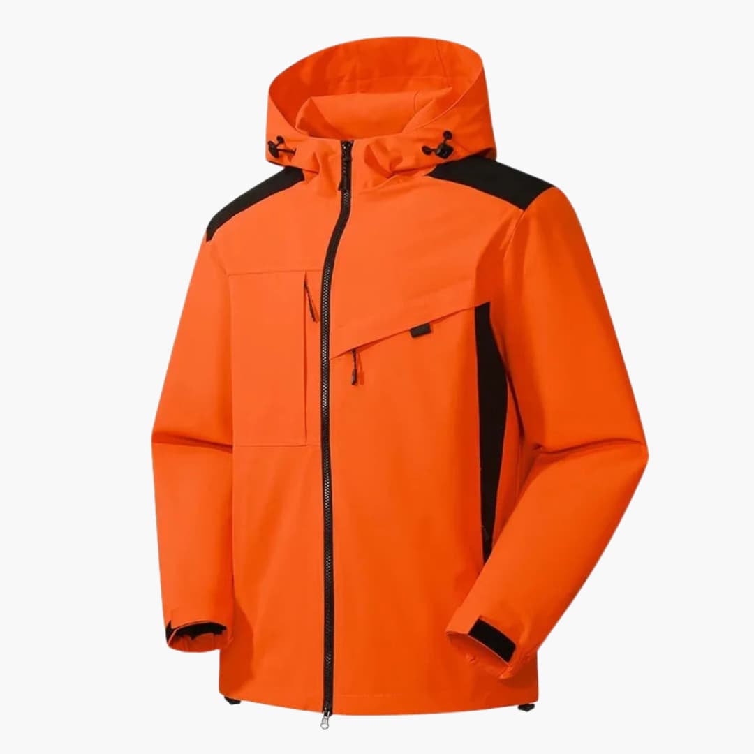 Men's water-resistant ski jacket with hood, zipper pockets, adjustable cuffs, streamlined winter sports fit