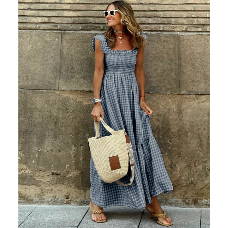 Lightweight cotton plaid maxi dress smocked bodice breathable casual chic everyday wear