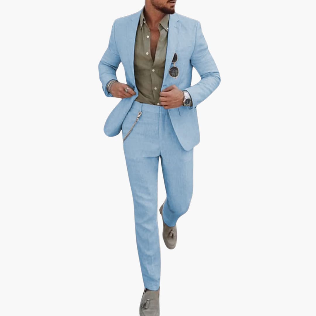 Men's lightweight slim-fit summer suit in solid color, button jacket with lapels and tailored pants