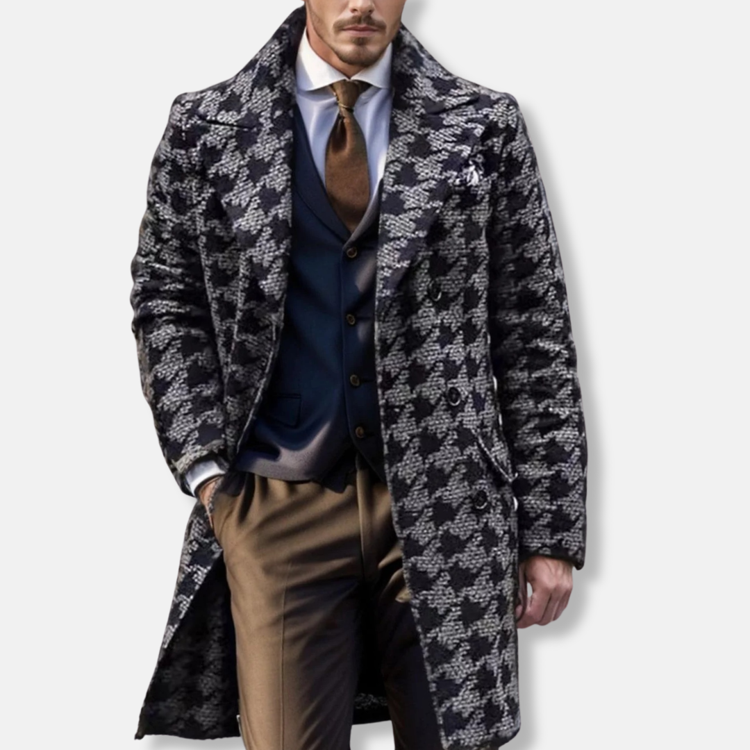 Men's wool blend trench coat tailored fit notch lapel geometric pattern structured outerwear
