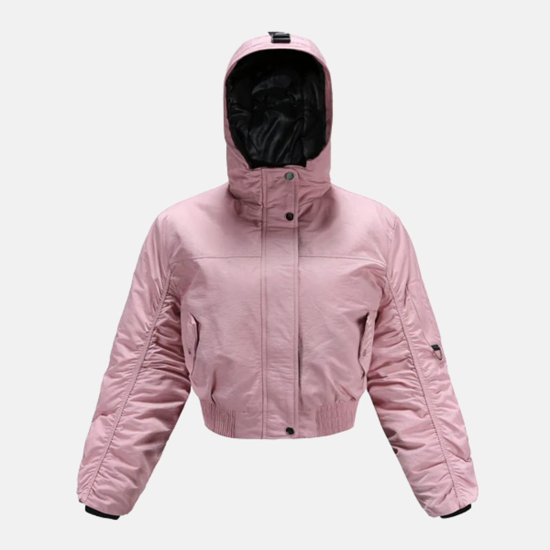 Women's cropped hooded puffer coat with ribbed cuffs, lightweight padded insulation for winter warmth