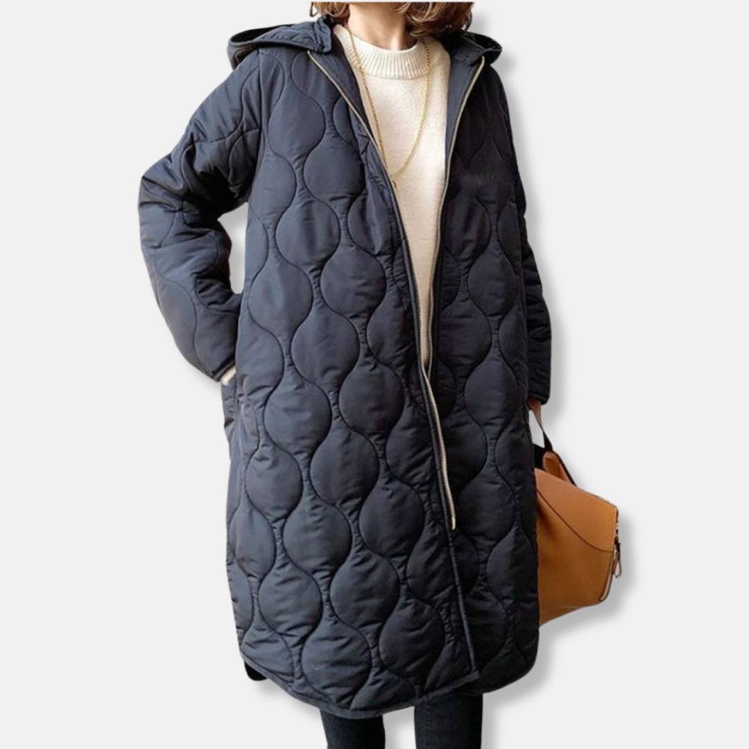 Women's black quilted oversized hooded long jacket with cozy warm long-length silhouette