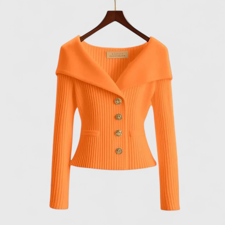 Ivory off-shoulder ribbed knit blazer with structured silhouette and gold-tone button detail