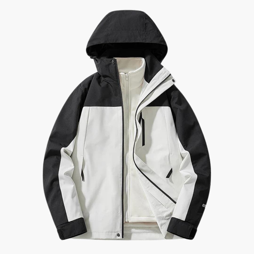 Unisex two-tone ski jacket with hood, full-length zipper pockets, all-weather outdoor performance fit