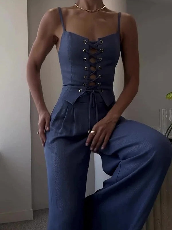 Women's linen blend tie-front camisole two-piece set, casual loose fit, sleeveless breathable summer outfit