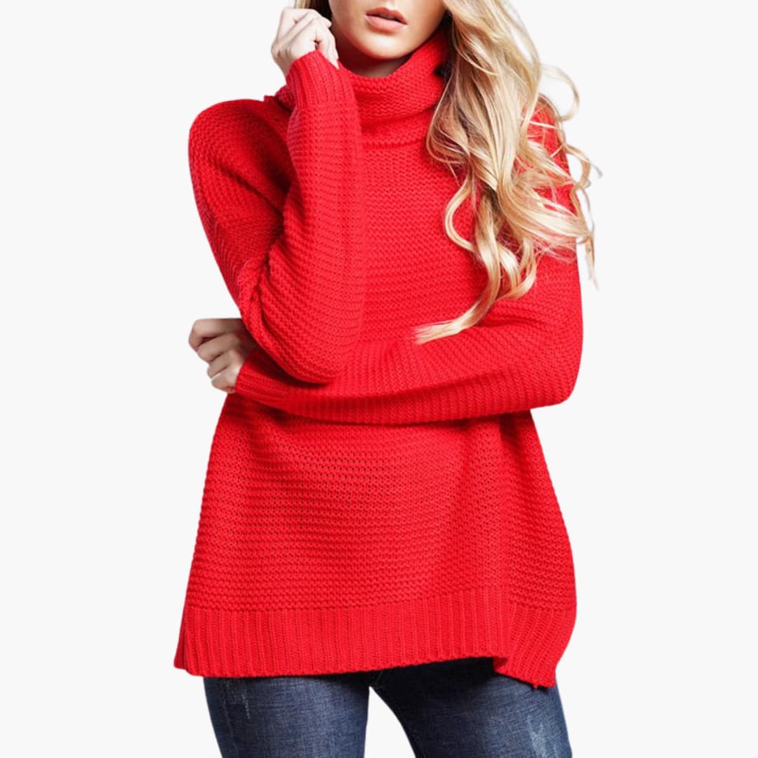 Women's chunky knit turtleneck sweater, relaxed hip-length silhouette with ribbed cuffs for cozy wear