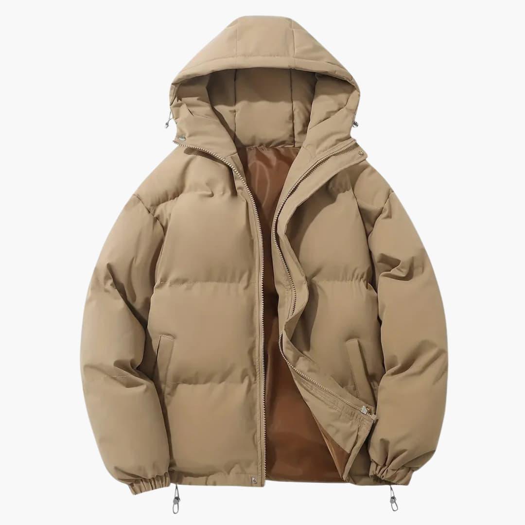 Women's quilted hooded jacket with full zipper, side pockets, and adjustable hem drawstring