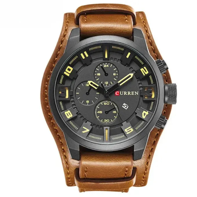 Men's Logan chronograph leather watch brown strap three sub-dials scratch resistant glass daily wear