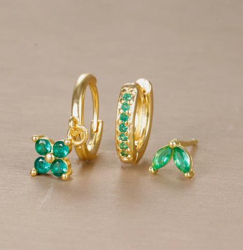 Hazel mixed stud hoop earring set green stones gold tone everyday sparkle women teens
