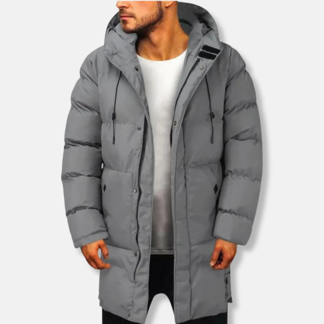 Men's insulated hooded puffer jacket mid-thigh length regular fit longline silhouette for cold weather