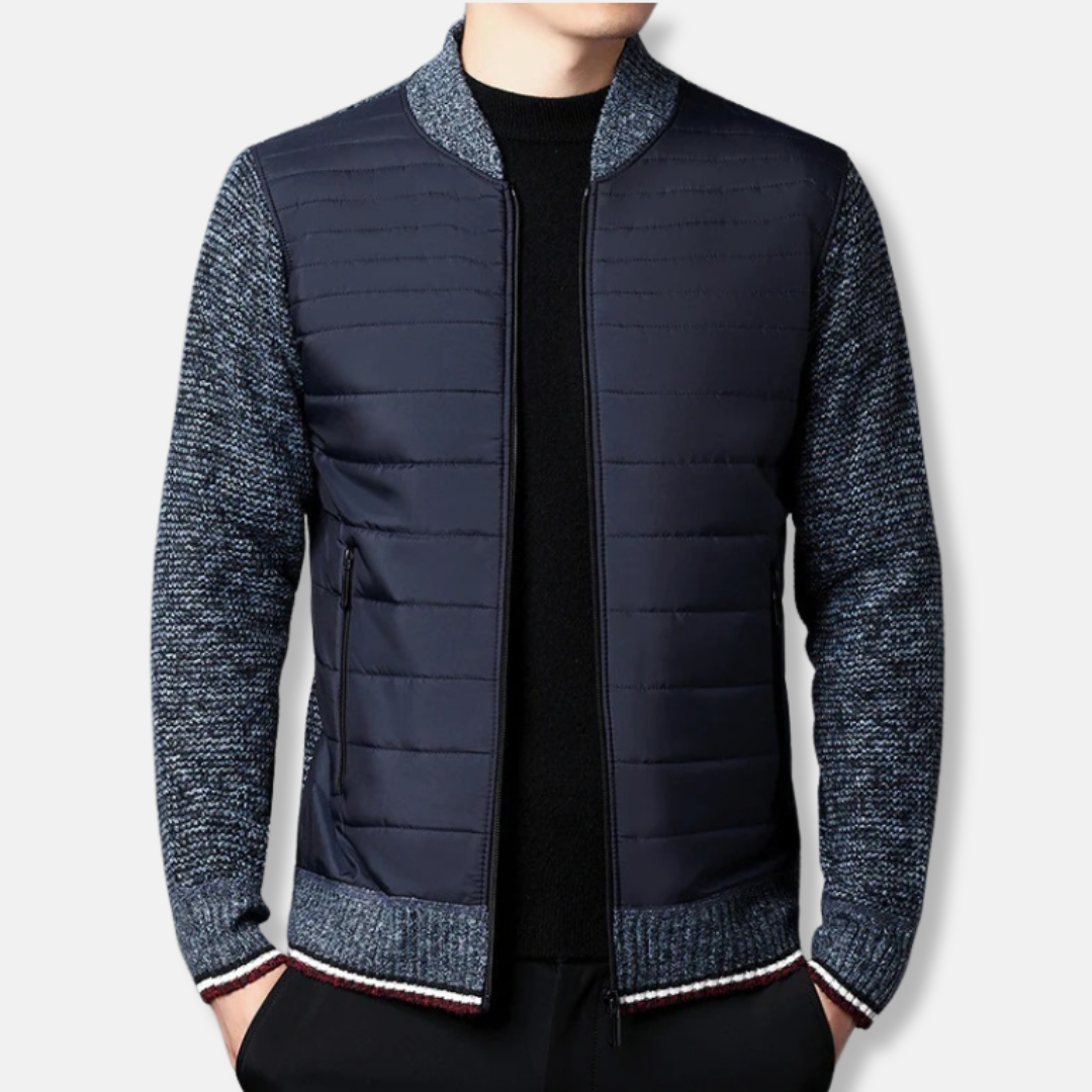Men's black padded bomber jacket ribbed stand collar lightweight quilted slim modern fit