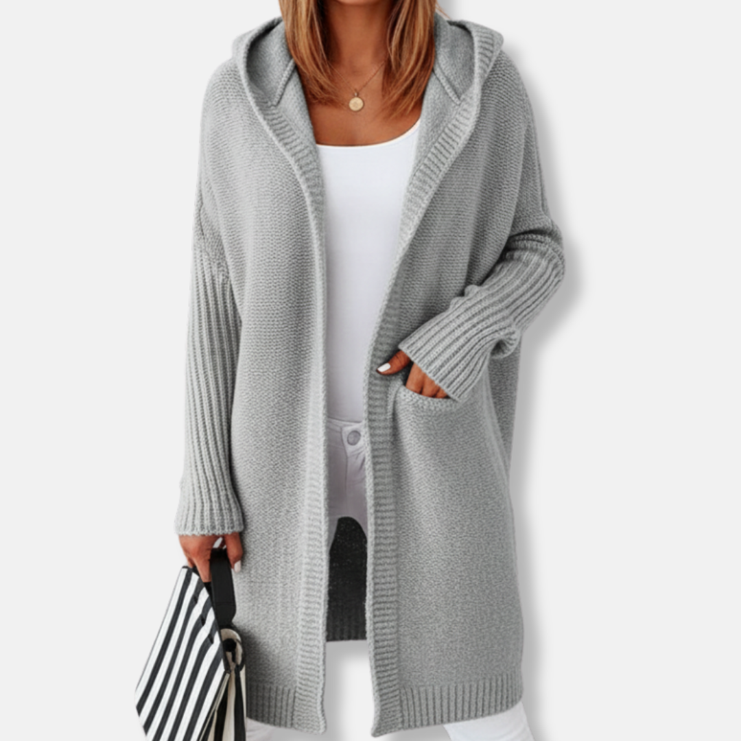 Women oversized hooded cardigan cozy wool blend knee-length knit in neutral tones for fall layering