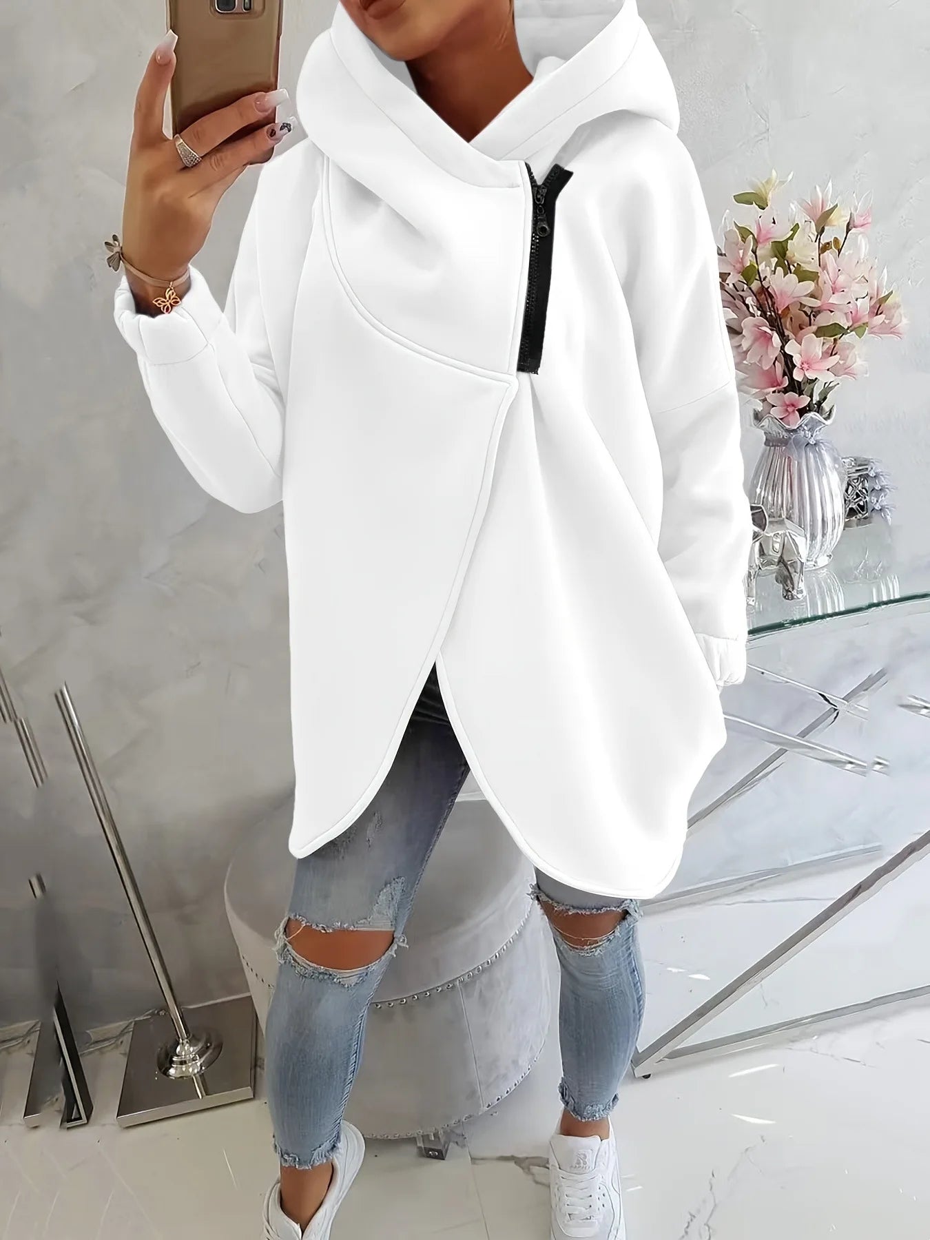 Women's asymmetrical zip hoodie wrap-front sculptural silhouette premium cotton-poly blend streetwear