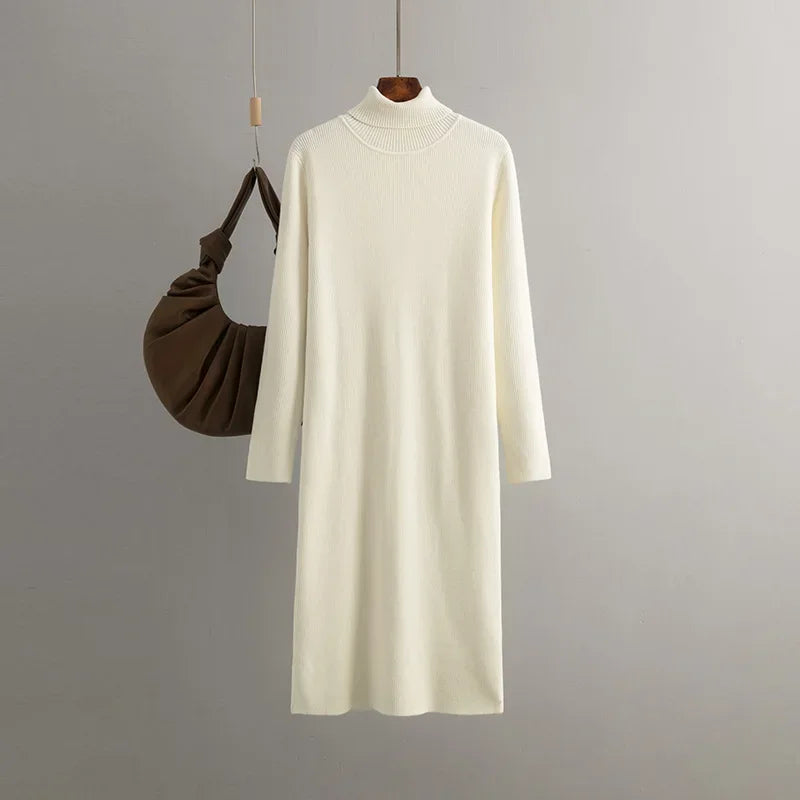 Women's ribbed knit turtleneck dress slim silhouette fleece-lined stretch fabric