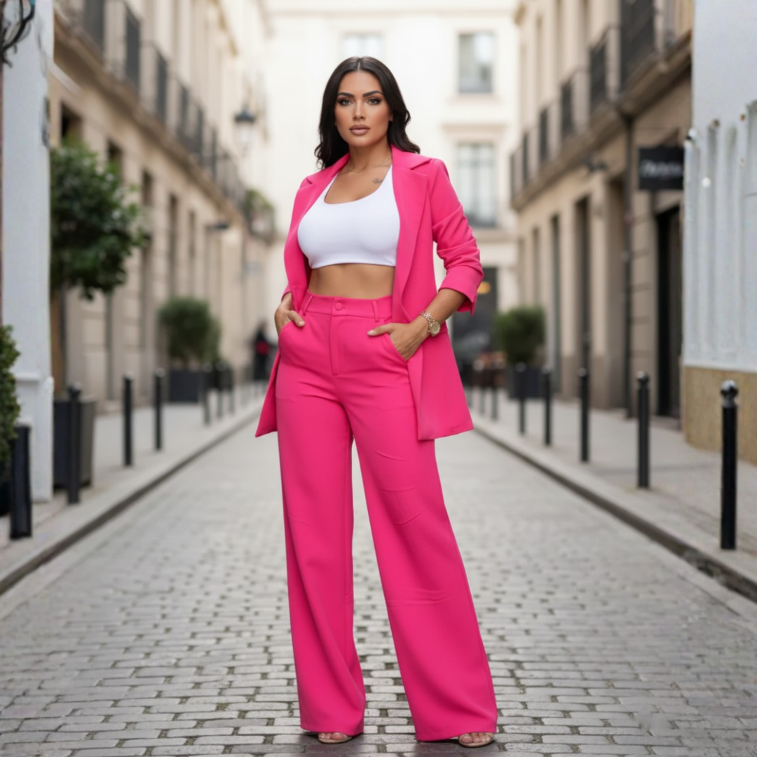 Women's two-piece suit blazer palazzo pants professional tailored high-waisted oversized silhouette
