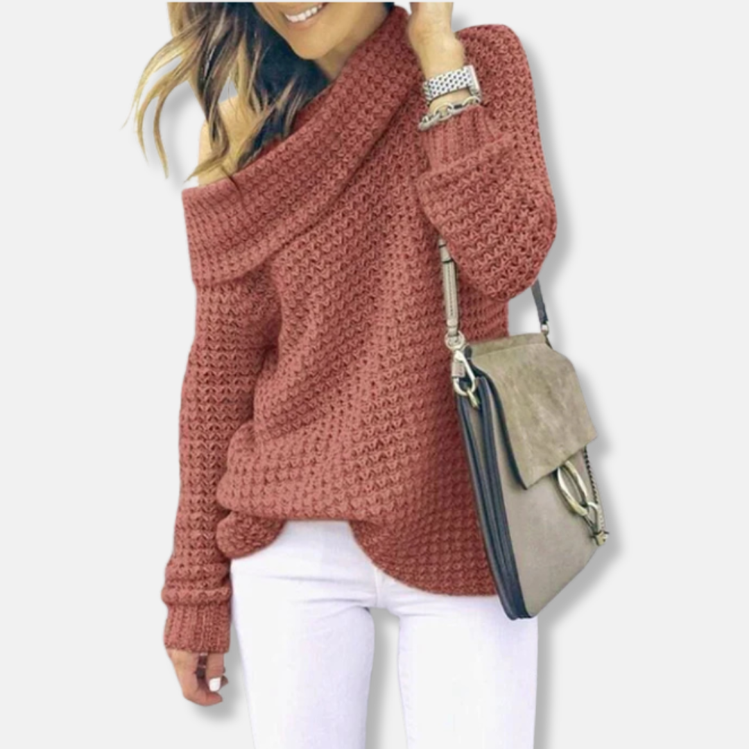 Women's oversized knit sweater off-shoulder draped neckline relaxed chic fit neutral tone