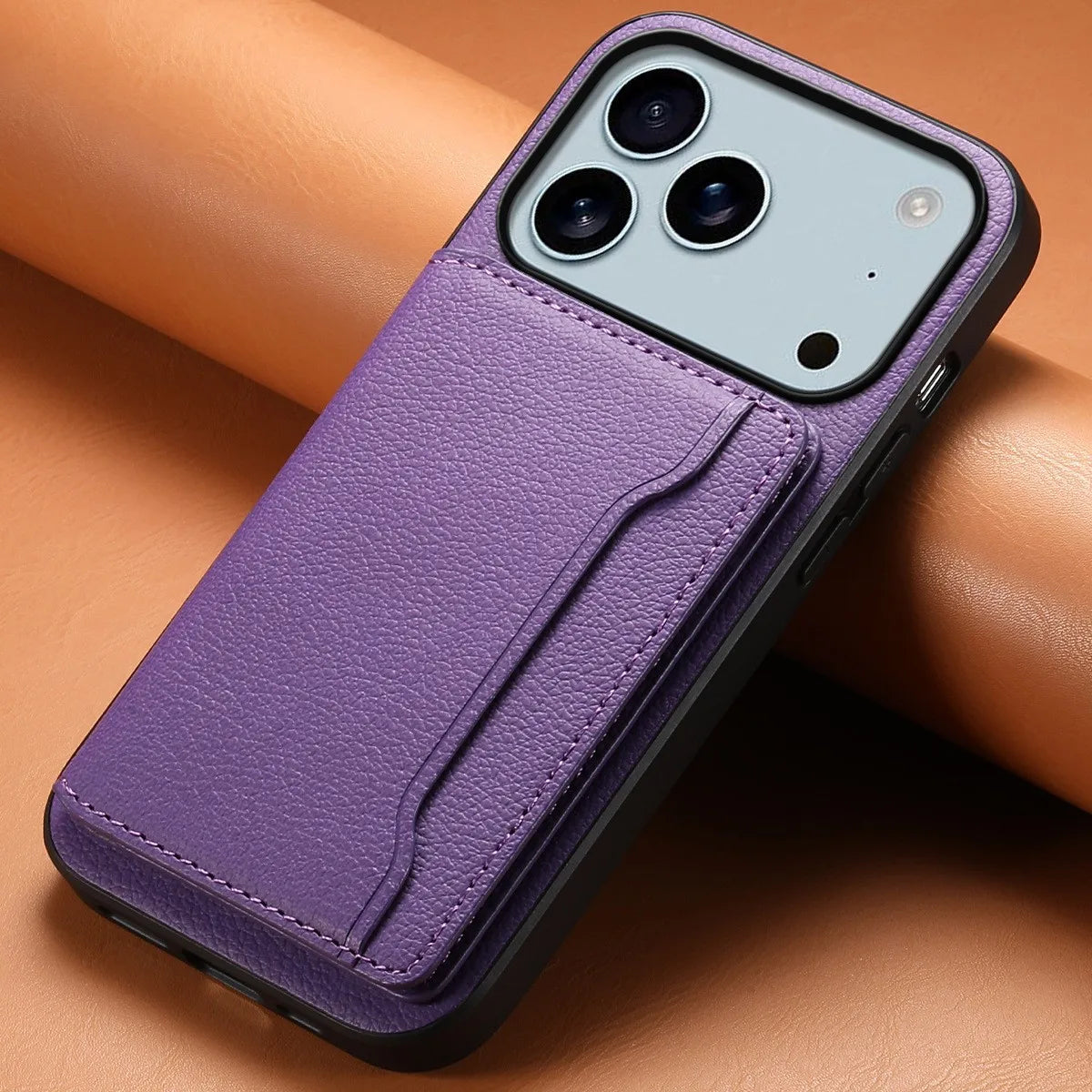 Crypt iPhone 17 bifold vegan leather case with card slots, magnetic closure, and kickstand stand
