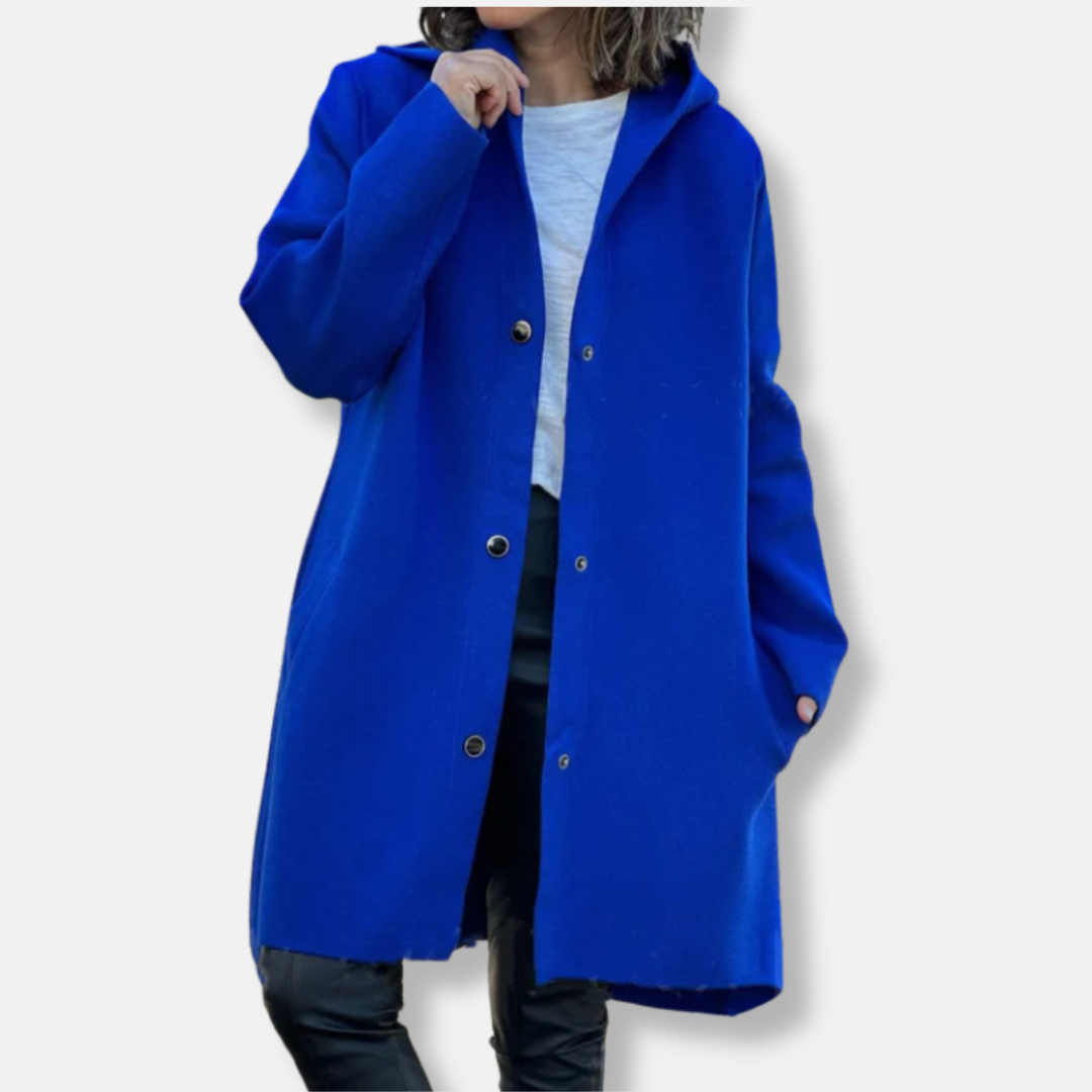 Women's wool blend hooded coat relaxed A-line silhouette mid-thigh length snap button closure