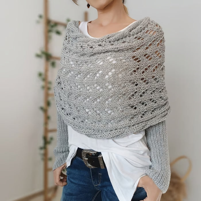 Bohemian knit scarf for women in neutral tones, cozy wrap style with textured yarn detail