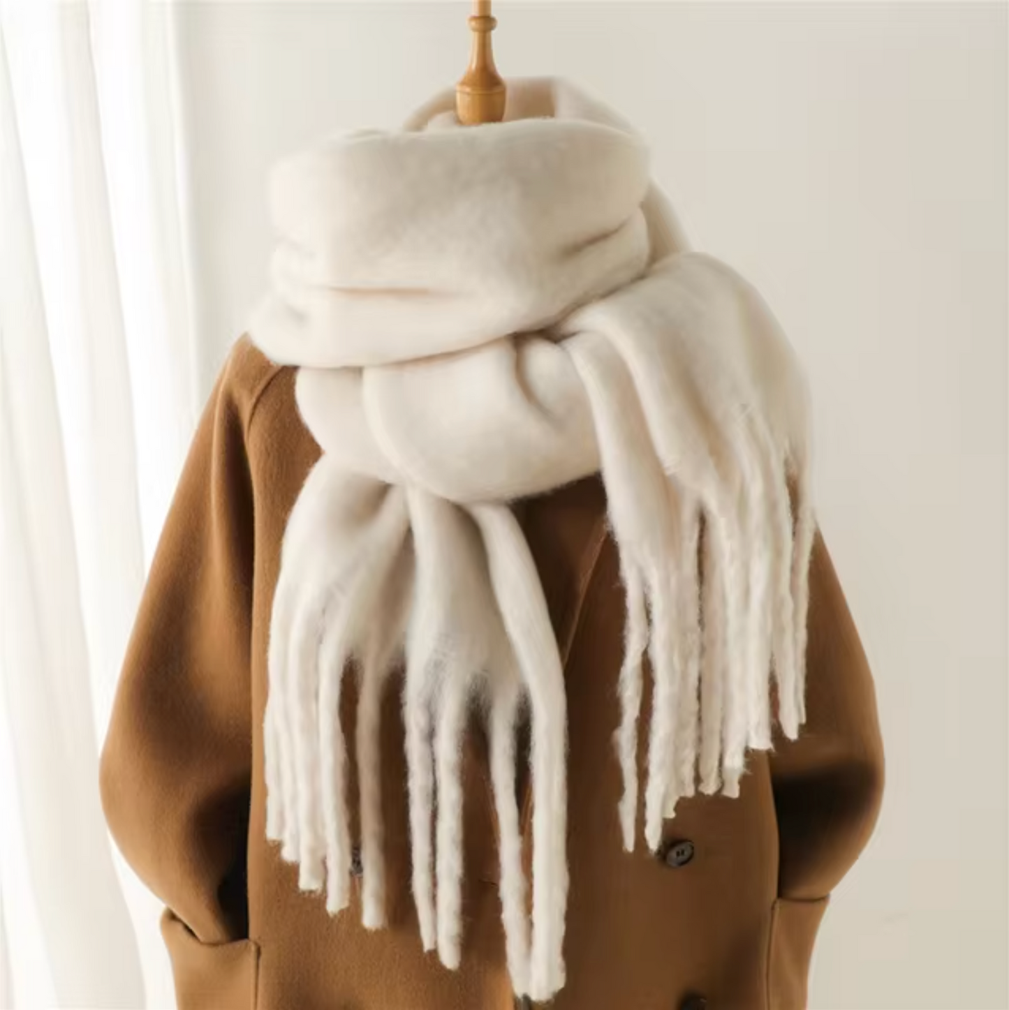 Women's cashmere-like winter pashmina scarf with long fringe trim, soft solid wrap