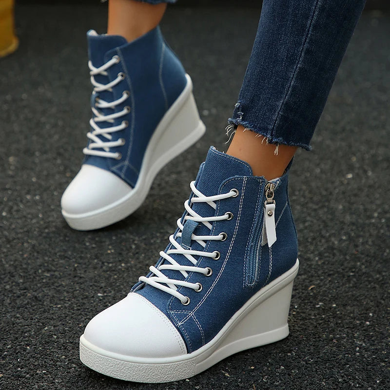 Women's canvas wedge sneaker with side zip, hidden sculpted heel, lightweight breathable urban style