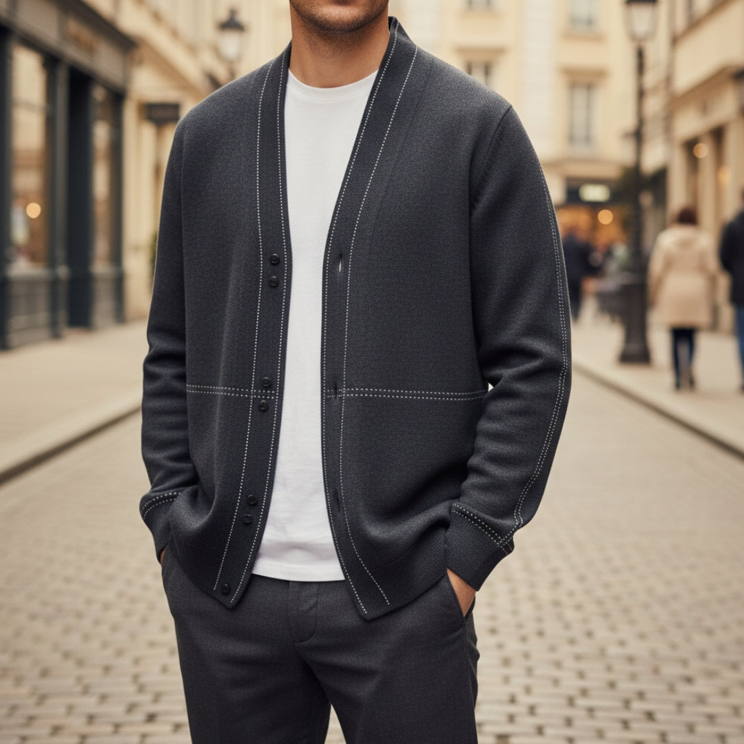 Men's collarless cardigan minimalist knit with contrasting stitching, modern slim fit everyday style