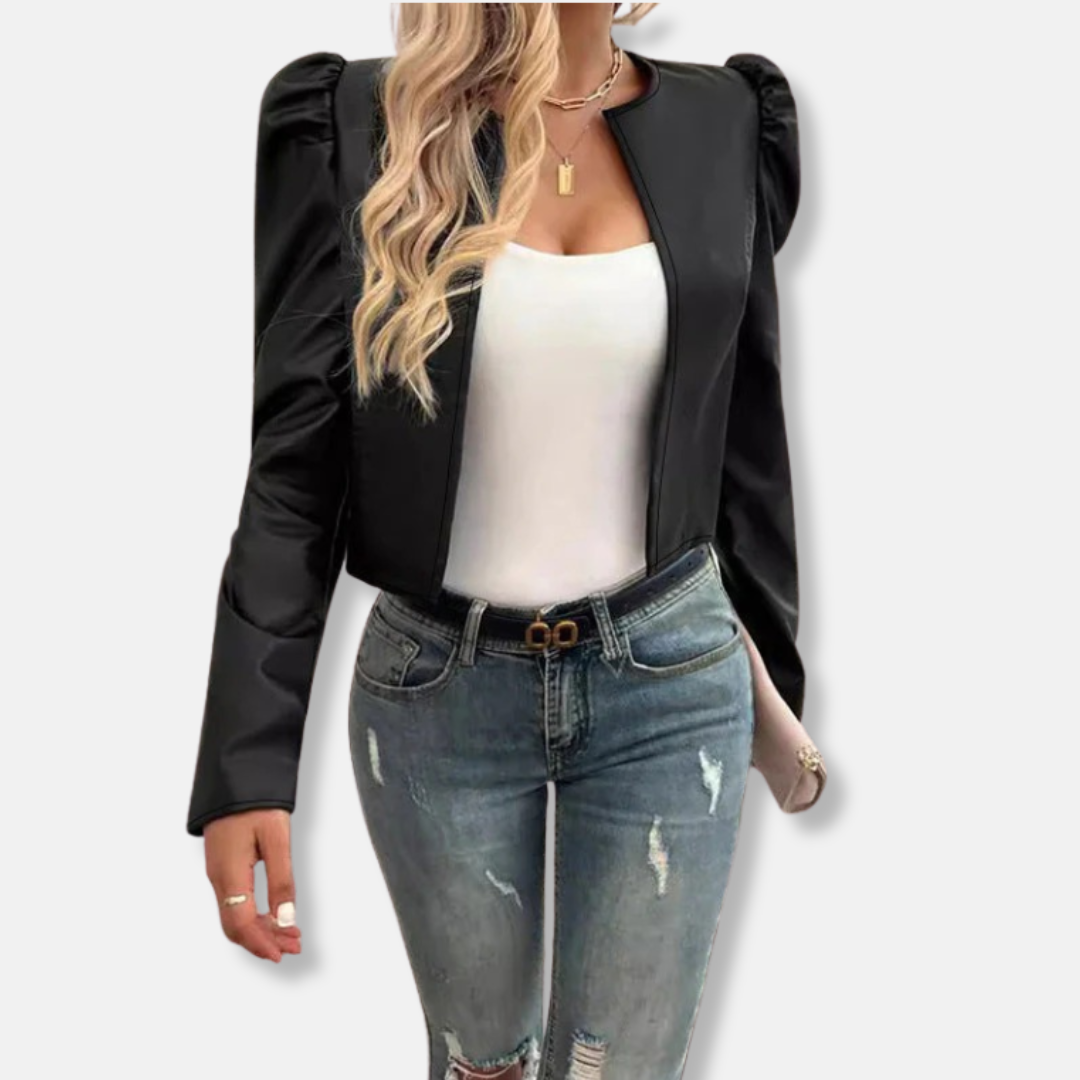 Women's black faux leather cropped jacket with puff sleeves and collarless open front