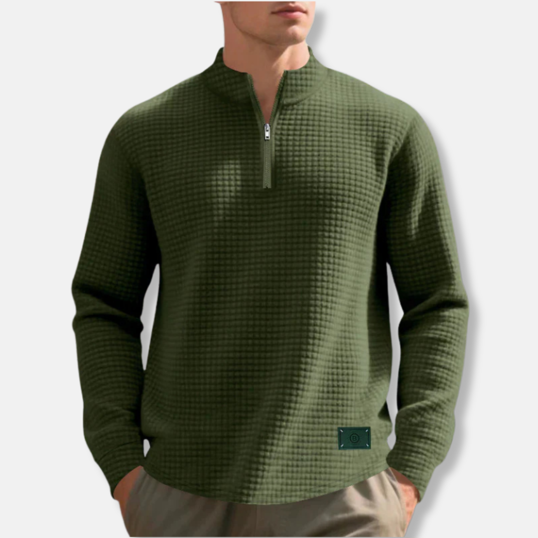 Men's dark waffle knit mock neck quarter zip sweater regular fit with textured fabric