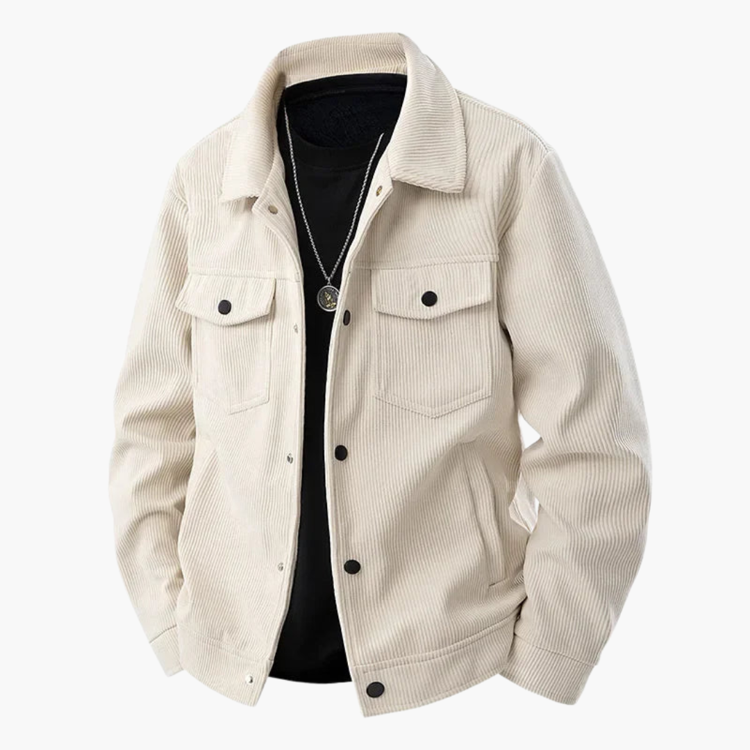 Men's brown corduroy jacket button closure chest pockets classic casual everyday versatile style
