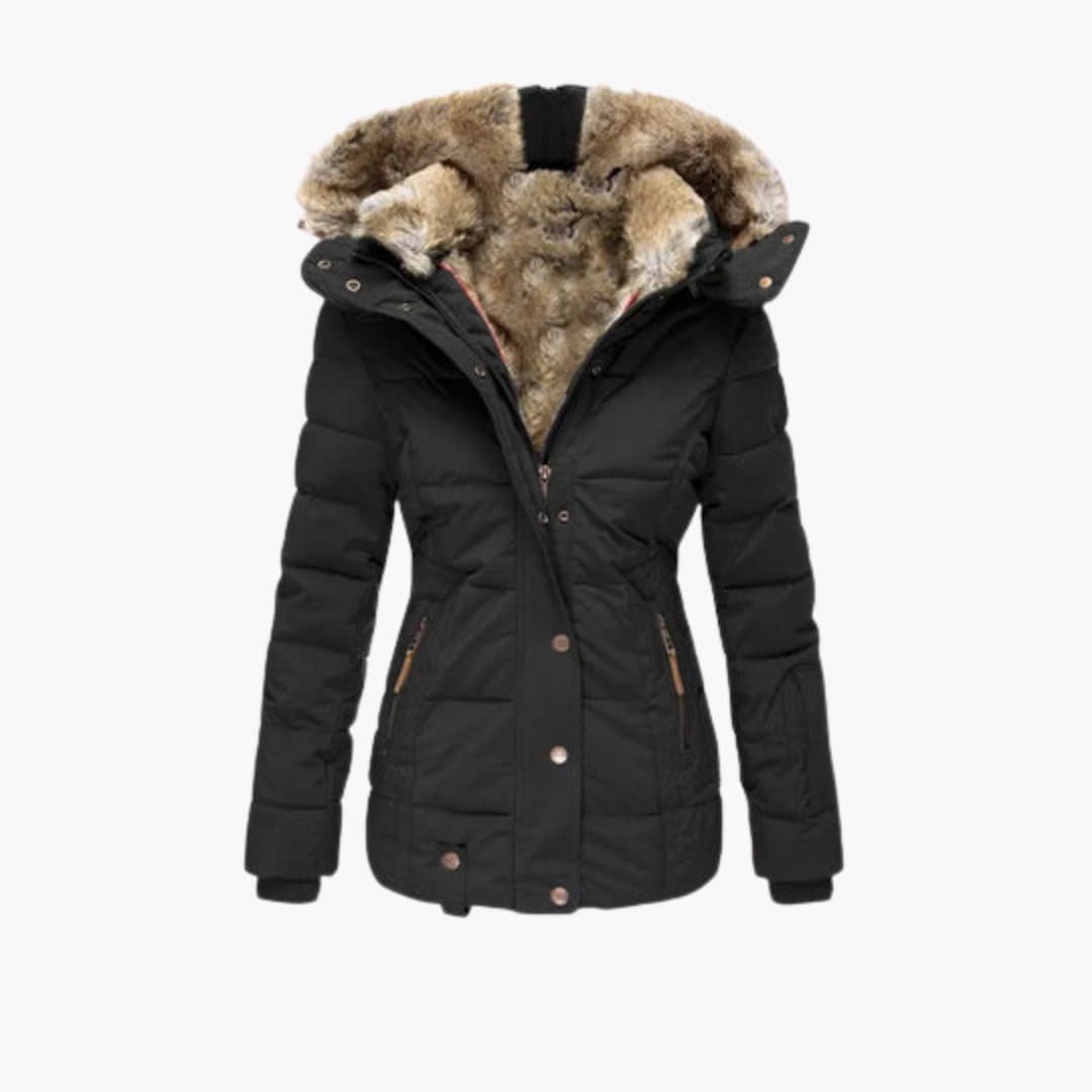 Women's embossed textured jacket with adjustable front closures, pockets, and rounded neckline