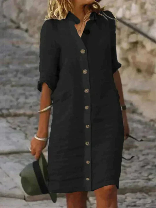 Blue linen Sophie dress for women, relaxed everyday silhouette with breathable easy-care fabric