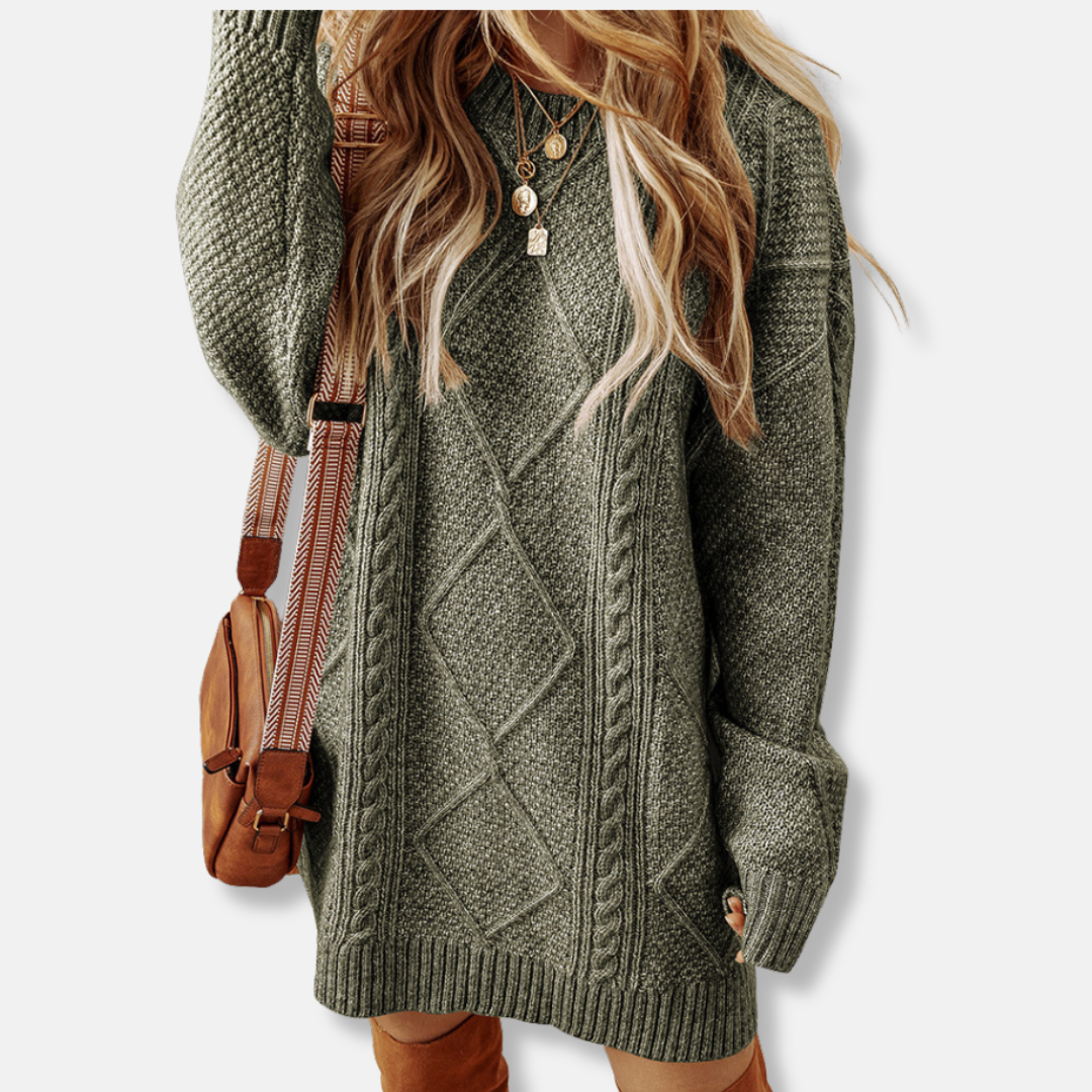 Women's cable knit sweatshirt loose fit knee-length long sleeves cozy everyday pullover