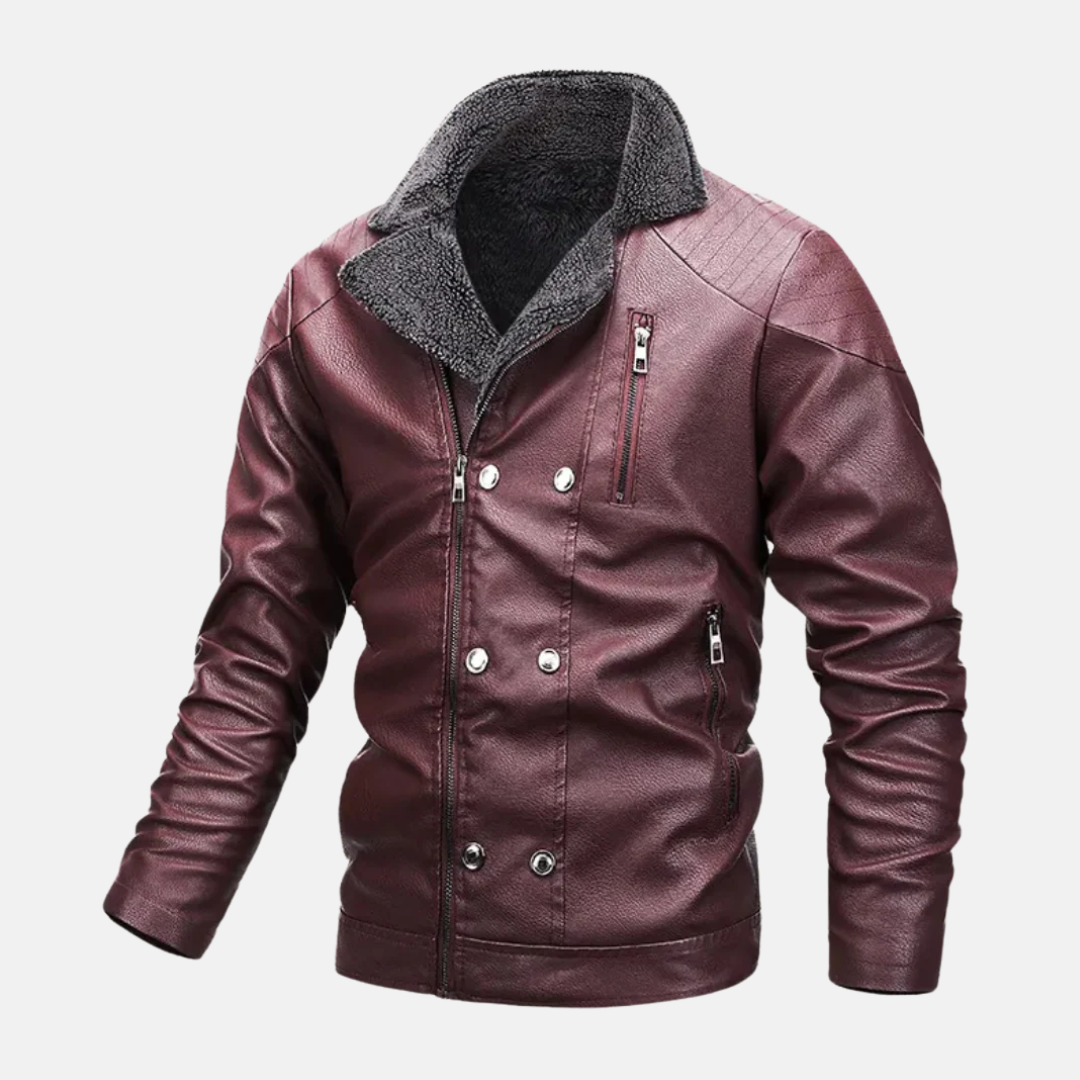 Men's black faux leather shearling-lined jacket with quilted shoulders and dual zip-button closure