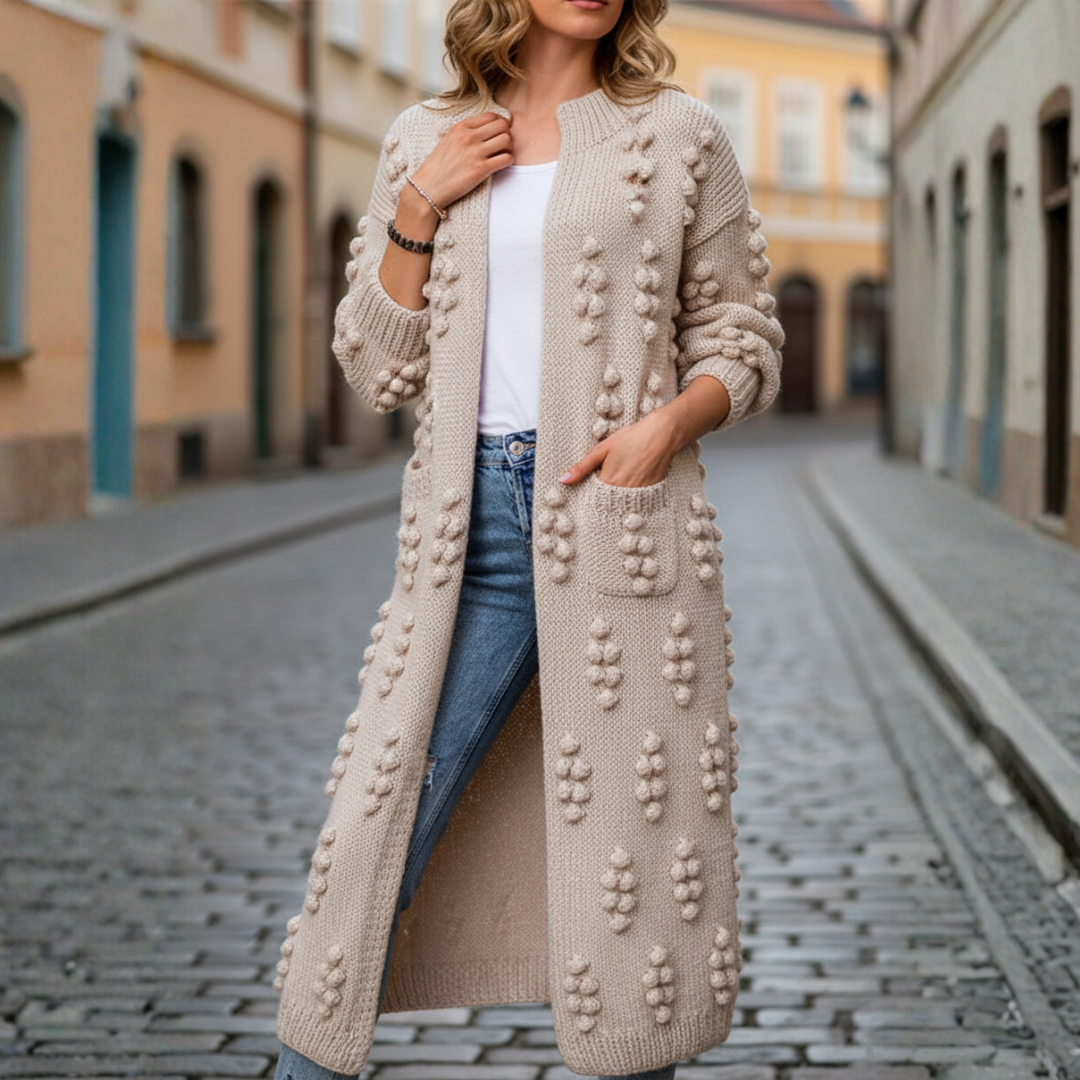 Women's long thick knit bohemian cardigan, open-front cozy layering piece with 3D raised knitwork