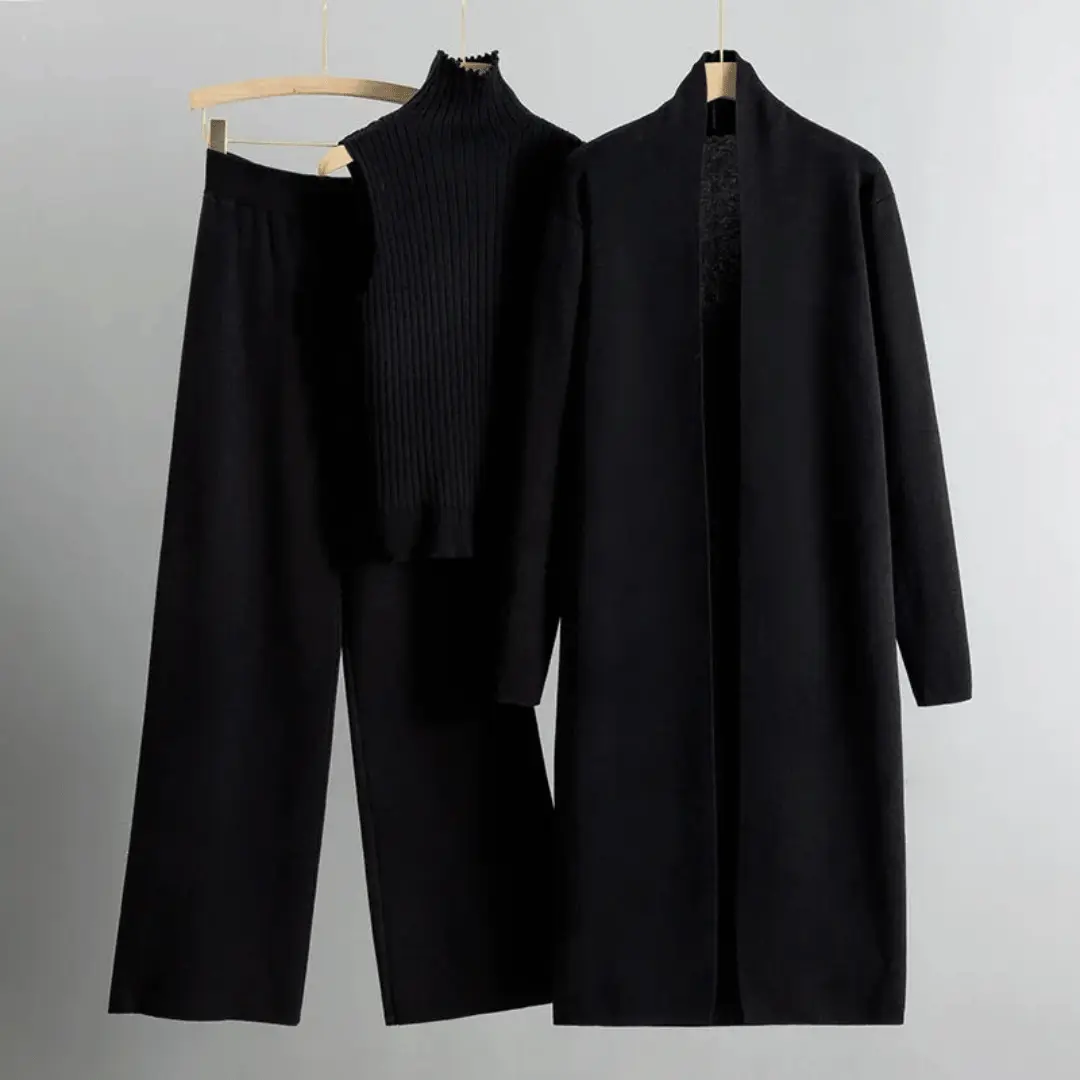Women's open stitch cardigan 3-piece set with wide leg pants and sleeveless turtleneck