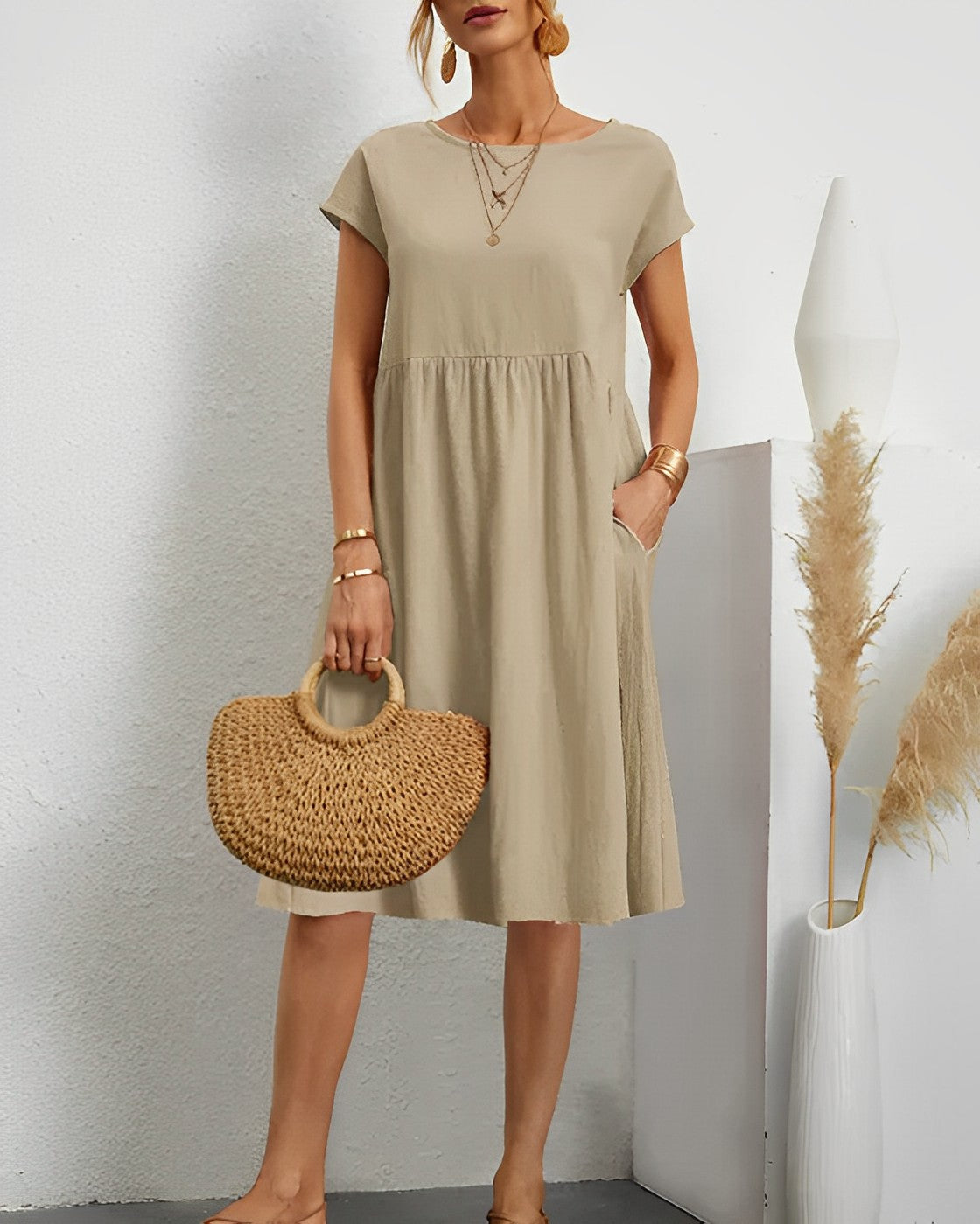 Women's loose fit midi dress with short sleeves, round neck, side pockets, cotton blend everyday comfort
