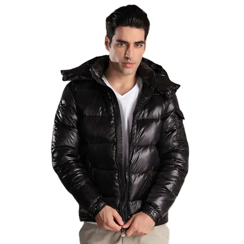 Men's shiny puffer jacket insulated winter coat with glossy finish and trendy quilted design