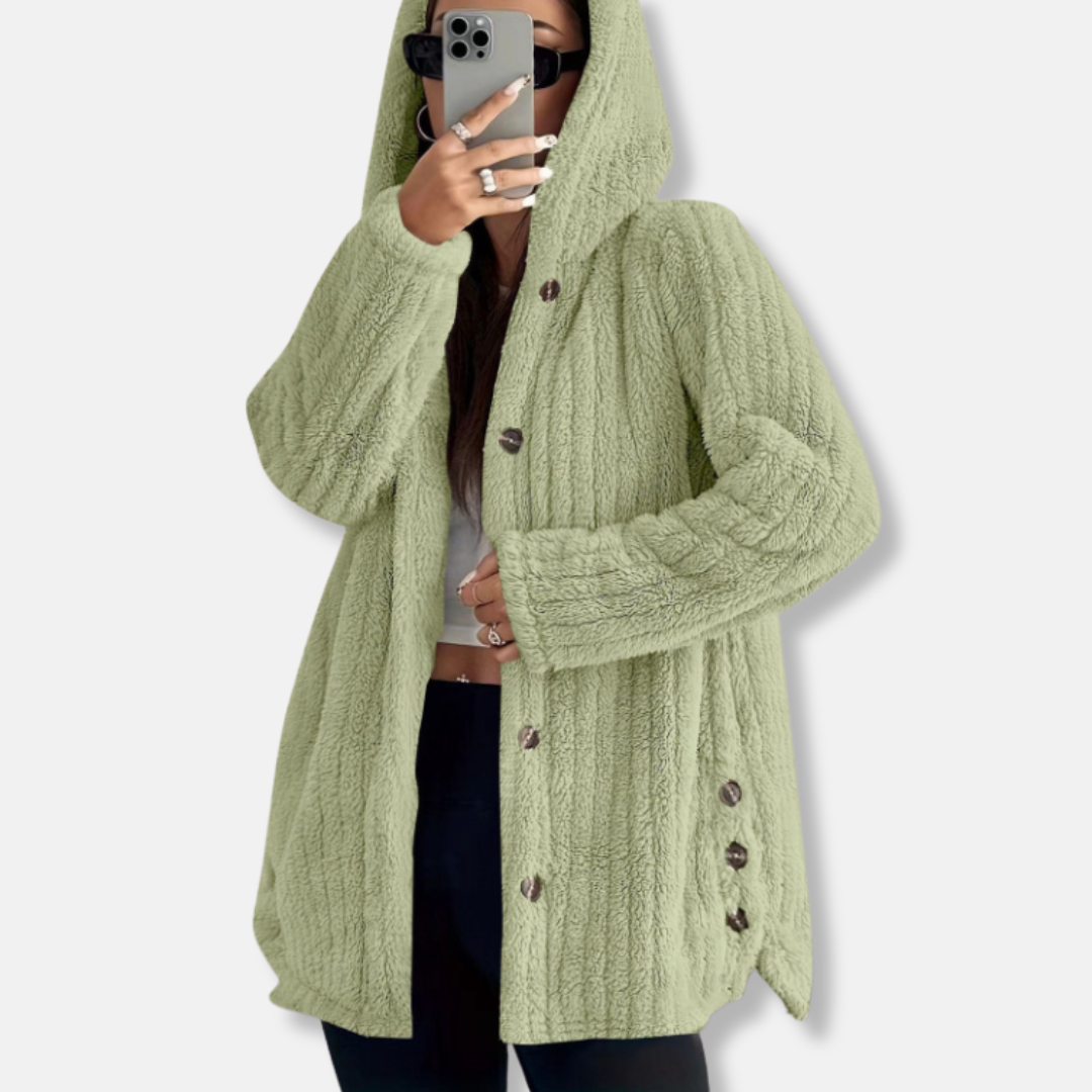 Women's plush faux shearling hooded coat loose fit button front mid-length soft textured warmth