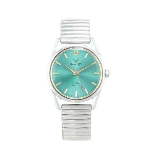 Aquamarine sunburst dial watch gold-tone hands minimalist vintage-inspired design for modern professionals