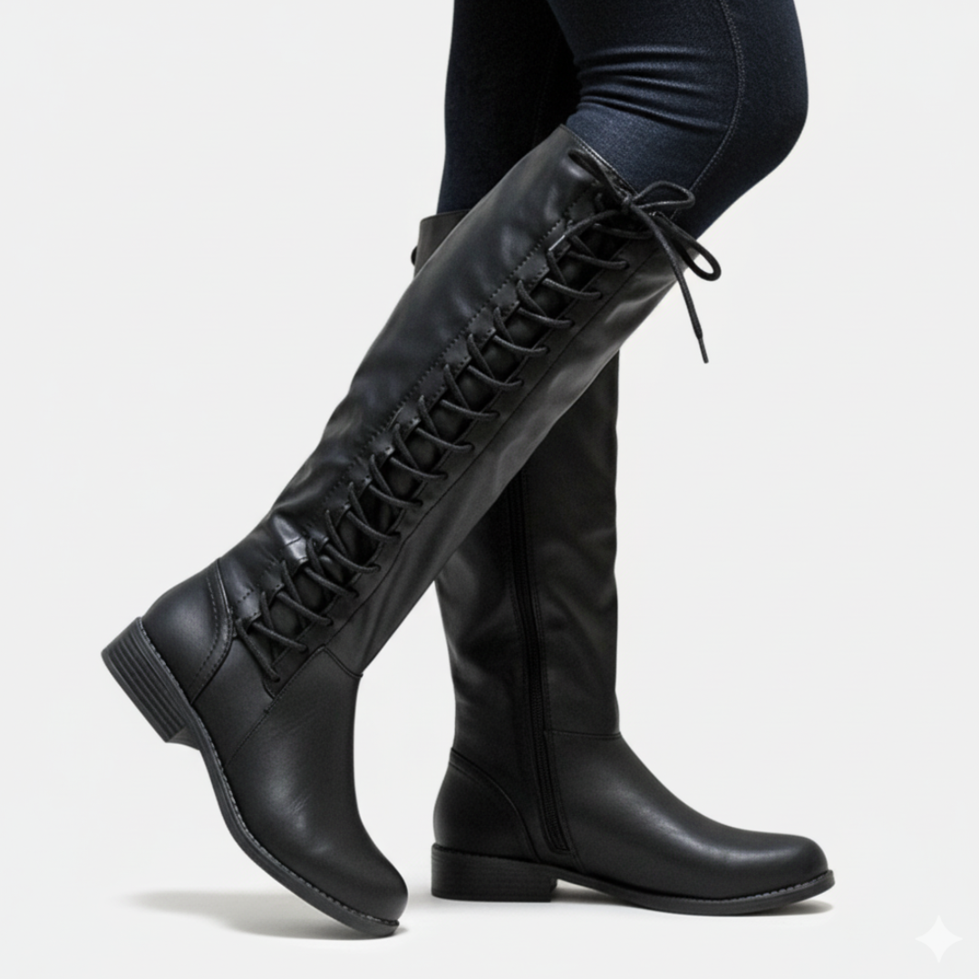 Women's knee-high faux leather boots with criss-cross lace-up detail, block heel, and side zipper