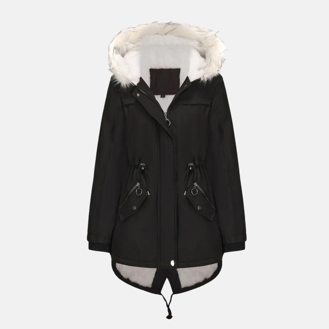 Women's mid-length parka jacket tailored fit weather-resistant with removable faux fur hood