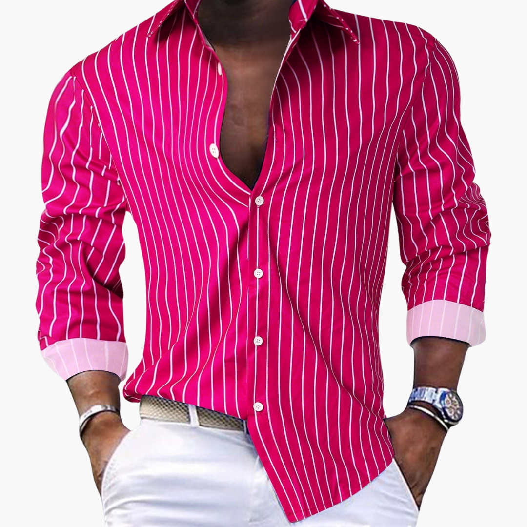 Men's bold striped casual shirt notched collar long sleeve relaxed fit lightweight polyester