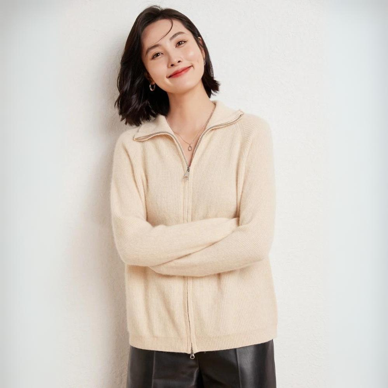 Merino wool zip-up unisex layering jacket with turn-down collar and sleek front zipper closure