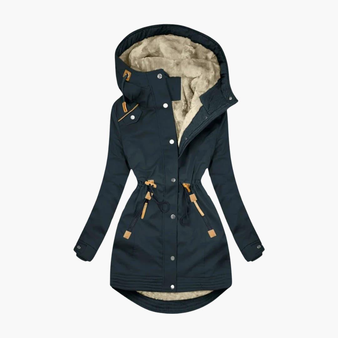 Women's hooded parka jacket with zipper, lined interior, clean silhouette for all-season warmth