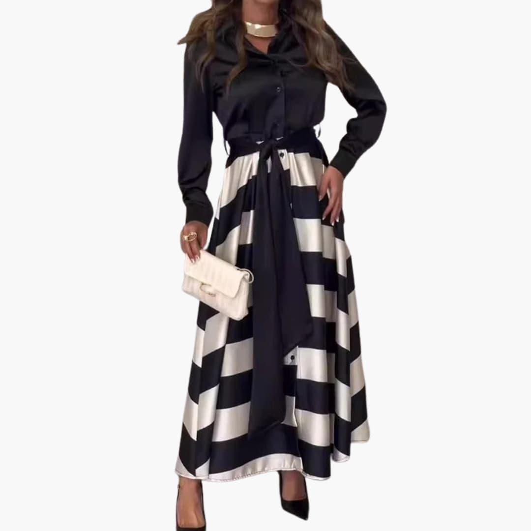 Women's striped maxi dress with shirt collar, belted waist, flowing silhouette, timeless elegant everyday chic